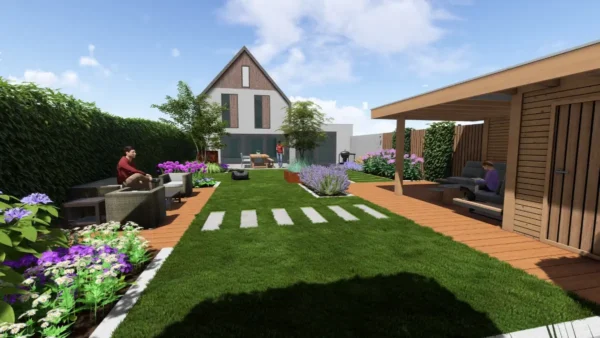 Tuinontwerp tuin met overkapping, vlonders en keramische tegels Breda